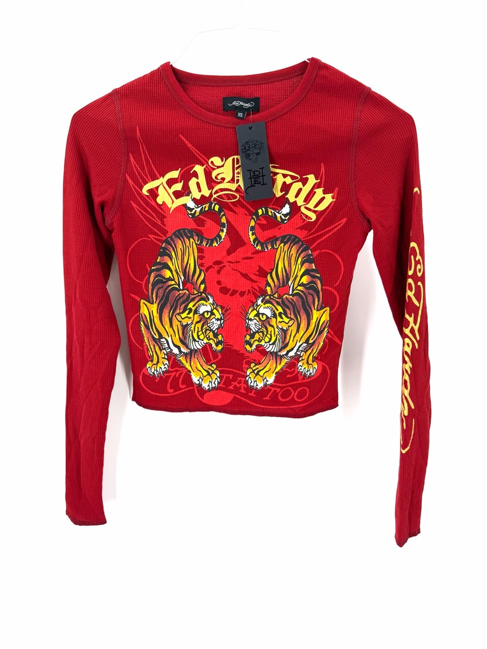 Ed Hardy NWT Crawling Tiger Thermal Wine Red Crew Crop Long Sleeve Y2K Top - Picture 2 of 7